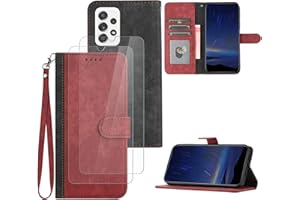 Hoyoikun Handyhülle Kompatibel Mit Samsung Galaxy A32 4G,[Verschenke 2 Stück Full Screen Schutzfolie],Premium PU Leder Flip Case,Magnetverschluss,Standfunktion, Kartenschlitz-rot