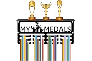 CREATCABIN Perchero para Medallas con Estante para Trofeos, Soporte para Colgar Medallas, Soporte de Pared para Medallas Deportivas, Soporte para Trofeos de Metal Negro, Organizador de Medallas