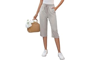 Auffortria Damen Leinen Sommerhose 3/4 Casual Leichte Baumwolle Leinenhose Bequeme Luftige Locker Freizeithose Strandhose Mit Taschen
