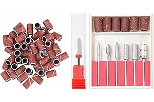 CGBE 6pcs Metal Nail Drill Bits & 50pcs Sanding Bands & 1pcs Ceramic Nail Drill Bit for Electric Nail Drill, 120-Grit Nail Files for 3/32 Inches For Arcylic Nails Manicure Pedicure Home Salon Use