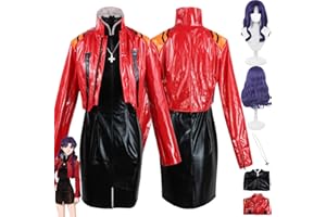 Tjmiaohao Anime EVA Misato Katsurgi Cosplay Costume Outfit Role Play Uniform Red Jacket Dresses Full Set Halloween Party Carnival Dress Up Suit with Wig Necklace for Women Girls