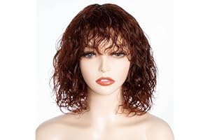 FASHION IDOL Bob Lockiges Echthaar Perücke für Schwarze Frauen 25 CM Brasilianisches Reines Echthaar Kurze Tiefwassergewellte Perücke mit Pony 150% Dichte (10 Inches, Rotbraun)