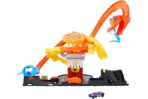 Hot Wheels City “Let's Race - ¡a Correr!” Netflix - Pizza Slam Ataque de Cobra Pista para Coches de Juguete con Serpiente, Incluye 1 vehículo, +4 años (Mattel HTN81)