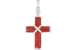 AeraVida Christian Cross Reconstructed Red Coral Inlay .925 Sterling Silver Pendant, coral
