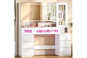 Hzuaneri Sminkbord med RGB-Ljusremsa, 40 x 130 x 140 cm, Vit | Har en Stor HD-Spegel, Glasbordsskiva, LED-Lampor, Grenuttag, 8 Lådor, Sovrum, Omklädningsrum, DT44803XEU