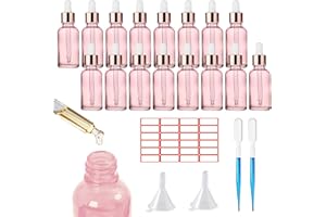 SUQURTOM 16 x 30ml Glass Dropper Bottles, Eliquid Pipette Ear Dropper Bottles with Dropper Pipette, Funnels and Labels, Empty Refillable Sample Container for Essential Oil, Perfumes, Aromatherapy (Pink)