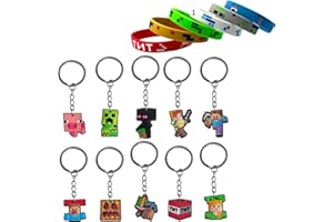 GWAWG 16Pcs Miner Keychains Rubber Bracelet,Birthday Game Party Supplies,Backpack Pendant,Birthday Gift Fillers