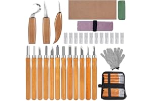 KATSIRO Herramientas de Talla de Madera, 19 Pieza Juego de Herramientas para Tallar Madera con Guantes Resistentes a Cortes, para Principiantes y Profesionales Escultores