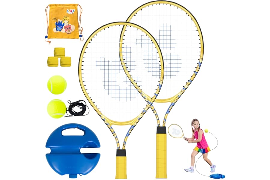 Kids Tennis Rackets 2 Pack with Trainer Rebound Balls, Size 19" & 21" Training Equipment for Parent-child activities, Portable Beginners junior Youth Tennis Practice Kit for Boy Girl