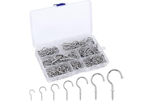 LUOGE 160 unids Ganchos Atornillables, Ganchos con rosca, Tornillos de Gancho con Rosca para Madera,Techo Ganchos de la Taza Ganchos de Tornillo, Niquelado, 7 Tamaños (Plata)