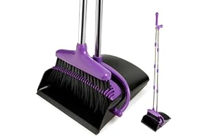 XXFLOWER Broom and Dustpan Set, Long Handle Lightweight Dustpans with Broom Combo for Home Sweeping for Room Kitchen Office Purple