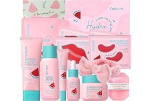 QUIYUM Set de Soins à la Niacinamide et à la Pastèque, Coffret 14 Pièces pour Femmes avec Gel Nettoyant, Tonique, Sérum, Crème Contour des Yeux, Hydratant, Masque, Savon et Bandeau, Routine Glow Up