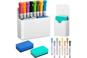 Vyuwast 12 Stück Whiteboard Zubehör, 2 Stifthalter Magnetisch mit 2 Stück Whiteboard Schwamm 8 Whiteboards Marker,Magnetischer Stifthalter für Schule,Büro,Whiteboard,Kühlschrank(Weiß)