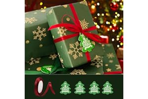 ZY-HUAN Papier d'emballage de Noël 70x50cm, 70x100cm Papier de Noël Recyclable avec Ruban et Etiquettes, Papier d'emballage de Noël, Papier Cadeau Vert (Vert 70X100cm)