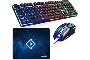 Combrite Raptor Gaming Keyboard And Mouse Set With Large Mouse Pad, Rainbow LED, USB Wired Desktop Combo, UK Layout, For Desktop PC, Laptop, PS4, PS5, Xbox One, Black (Black)