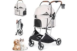 T3 Pet Pushchair 3 in 1 Dog Cat Pram for Small Medium Dogs Cats, Foldable Lightweight Puppy Pram Pet Gear Travel Dog Pram (Beige-Pro)