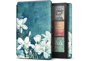 TNP PRODUCTS TNP Case for Kindle Paperwhite 12th Generation 2024 / Kindle Colorsoft Signature Edition - 7" PU Leather Protective Folio Cover Case for Kindle Paperwhite Kids with Auto Sleep/Wake, Blue Flower