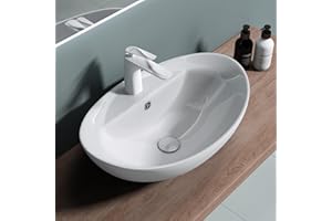 doporro Lavabo da Appoggio in Ceramica Bianco Lucido, Lavandino Bagno Moderno con Foro Rubinetto e Rivestimento Nano 59x39x21 cm Brüssel302