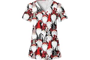 HSUAYEUD Womens Christmas Scrubs Tops Nurse Holiday Tunic Healthcare Uniform Casual Short Sleeve V-Neck Cute Santa Snowman Print Medical Scrubs with Pockets