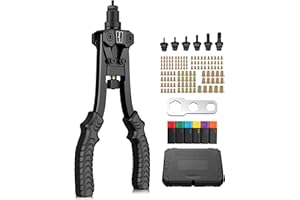 eSynic Kit 12'' Rivettatrice Professionale per Impieghi Gravosi con 125 Dadi Rivetti M3 M4 M5 M6 M8 M10, Pinza Pistola Manuale a Rivetti 6 Mandrini con Valigetta per Riparazione Auto Mobili - Nero