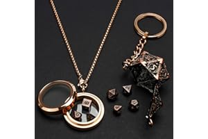 MUEZDUR Mini Dnd Dice Set With Bronze Hollow Necklace and Dice Case, Antique Tiny Metal Dice Set, Portable 7PCS Keychain Dice Set, Dungeons and Dragons Gifts with Gift Box（Golden）