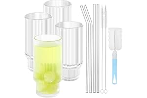 Iudsu Lot de 4 Verre Strié Avec Paille，Verrerie Vintage Style Origami, Tasse à Café Glacé Verre a Cocktail Pour Smoothies, Thé, Cola, Jus de Fruits, Soda, Cocktails Avec 3 Brosses (310ml