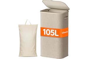 Lifewit 100L Kosz na Pranie z Pokrywą, Duży Kosz na Pranie z Plastikowymi Uchwytami i Wyjmowaną Torbą, Składany Wysoki Kosz na Brudne Ubrania do Pralni, Sypialni, Lazienki, Akademika, Beż