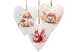 ‎LOGBUCH-VERLAG Deko-Herzen Herbst Waldtiere 3er Set aus Metall zum Aufhängen 11 x 9 cm – Eichhörnchen Igel Pilze – Herbstdeko – Logbuch-Verlag