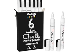 Chalkola Plumas de tiza líquidas blancas | Paquete de variedades de 6 | 3mm Fine y 6mm marcadores en negrita | Tinta líquida de borrado en húmedo, no tóxica, a base de agua y libre de polvo