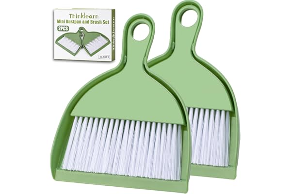 ThinkLearn 2PCS Small Broom and Dustpan Set, Mini Dust Pan and Brush Set, Green Plastic, Medium Firmness, CLEANING-DUSTPANS, Kitchen, Portable, Handheld Broom and Brush Set