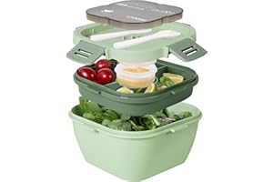Greentainer Salatbehälter mit unterteilung fächern,Lunchbox mit Besteck für Erwachsene und Kinder,Salat Box to go,Bento Box für Schule,Arbeit,Picknick,Reisen, Auslaufsicher Brotzeitbox |1700ml,Grün