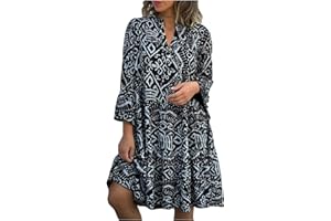 ZEIAYUAS Women V Neck 3/4 Sleeve Midi Dress Vintage Ethnic Print Ruffle Casual Short Dresses Loose Beach Holiday Sundress Ladies Plus Size Summer Casual Dresses UK