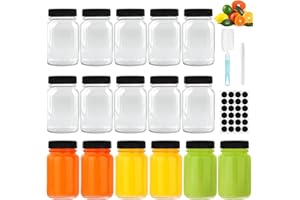 FoiiLiio 16 botellas de cristal mini shot, 60 ml, reutilizables, con tapa negra, vasos de chupito de boca ancha, transparentes, a prueba de fugas, ideales para jengibre, spa y viajes