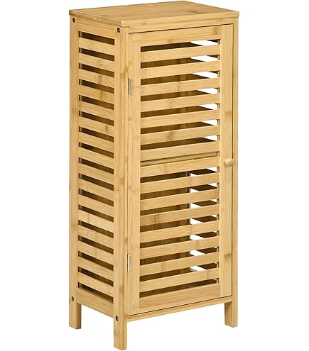 HOMCOM Armadio portaoggetti in bambù con 4 livelli e anta di design lamellare per bagno, camera da letto, soggiorno, 40 x 30 x 140 cm