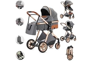 Kakbgee Carrito de Bebé 3 en 1, Cochecito Bebe 3 Piezas Con Asiento De Auto, Cochecitos Portátil Plegable Con Un Clic, Carricoche Combinado Paisaje Alto Marco de Aluminio Para Recién Nacido