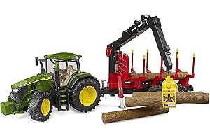 bruder 03154 - John Deere 7R 350 avec remorque à dos et 4 troncs d'arbre, Ferme, Tracteur, Transport de bois, Véhicule