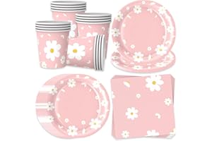 Bikasun Daisy Party Tableware Set for 16 Guests, Pink Flowers Party Decoration Children's Birthday, Plates, Cups, Napkins, Paper Plates, for Girls, Anniversary, Wedding, Bachelorette, Baby Shower