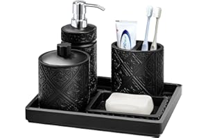 Lewondr 5 Pezzi Set di Accessori da Bagno in Resina con Rilievo, Dispenser con Erogatore, Portaspazzolino con 2 Scomparti, Portasapone, Vassoio Rettangolo, Contenitore con Coperchio, Nero