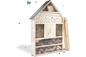 GARTENETAGE Insektenhotel XXL mit Schieferdach/Naturbelassenes, massives Insektenhaus & Bienenhotel/Insektenhotel zum Aufstellen mit Pfählen, witterungsbeständig/Marienkäferhaus, Schmetterlingshaus