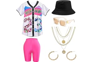 BITOYO Deguisement Annee 80 90 Femme Maillot Baseball Unisexe Hip Hop Leggings Yoga Chapeau Seau Lunettes Boucles d'oreilles Collier, Costume et Accessoires Annees 80 pour Carnaval Noël