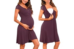 Nieery Maternity Nursing Nightdress Button Down Maternity Nightwear Short Sleeve Lace Cotton Breastfeeding Nightie Loungewear V Neck Pyjamas Nightshirt for Pregnant