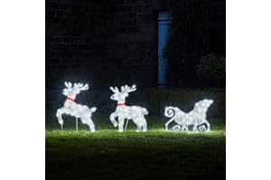 Lights4fun Duo di Renne e Slitta in Filo di Cotone con LED Bianchi per Uso in Esterni