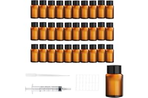 Ksnowqi 30 Stück Braune Leere Glasflaschen, Tropfflasche Mini Fläschchen 5ml, Fläschchen für Ätherische Öle, Pipettenflasche für Massage, Parfüm, Flüssigkeiten