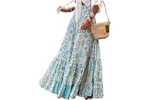 JENJON Femme Jupe Maxi Imprimé Taille Haute Elastique Casual Boho Fleurs Robe sans Manches 2 in 1 Jupes