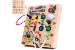 Nauotk Busy Board zabawka Montessori dla dzieci od 2 lat, zabawka rozwijająca zdolności motoryczne z 19 diodami LED, drewniana zabawka sensoryczna, zabawka edukacyjna dla maluchów