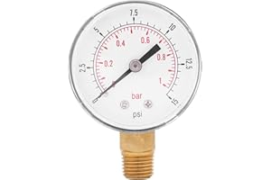 MUTUER Low Pressure Gauge, Mini Brass Internals Low Pressure Gauge for Fuel Air Oil Or Water Steel Case, Dual Scale, 0-15psi/0-1bar BSPT 1/4 inch Bottom Mount