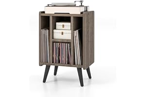 KOMFOTTEU Stojak na gramofon ze stacją ładującą, stojak na płyty gramofonowe z 4 otwartymi półkami, regał prezentacyjny, uchwyt na płyty, stół do drukarki, do biura, salonu (szary)