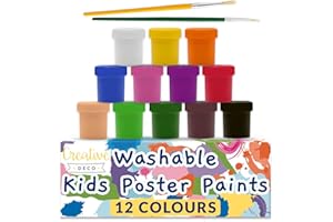 Creative Deco Washable Paint for Kids Poster Paint Set | 20 ml x 12 Pots | Children Toddlers Finger Paints | Basic, Vibrant, Pigmented & Intense Colours | Safe & Non-Toxic Quick Drying & Matte Finish