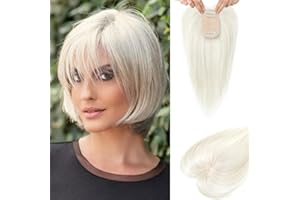 Flufymooz Real Human Hair Toppers for women, 10 Inch Clip in Bangs 100％ Human Hair Toppers for Thinning Hair, Cover Hair Pieces with 150% Density Silk Base-Silver White