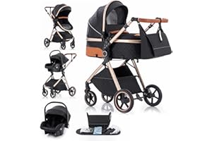 Gcarebb Sistema de viaje 3 en 1, cochecito con mango de altura ajustable, cochecito de viaje con cubierta de lluvia, cochecito de bebé con marco de aluminio para recién nacido